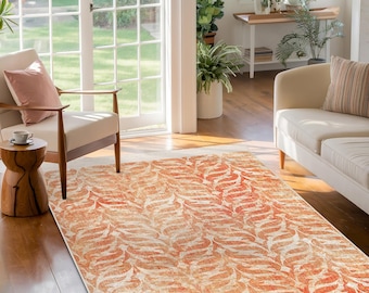 Rustic Orange Leaf Accent Rug-Leafy Vine Pattern Mat-Modern Anti-Slip Carpet-Terracotta Boho Chic Rug-Ivory Distressed Area Mat