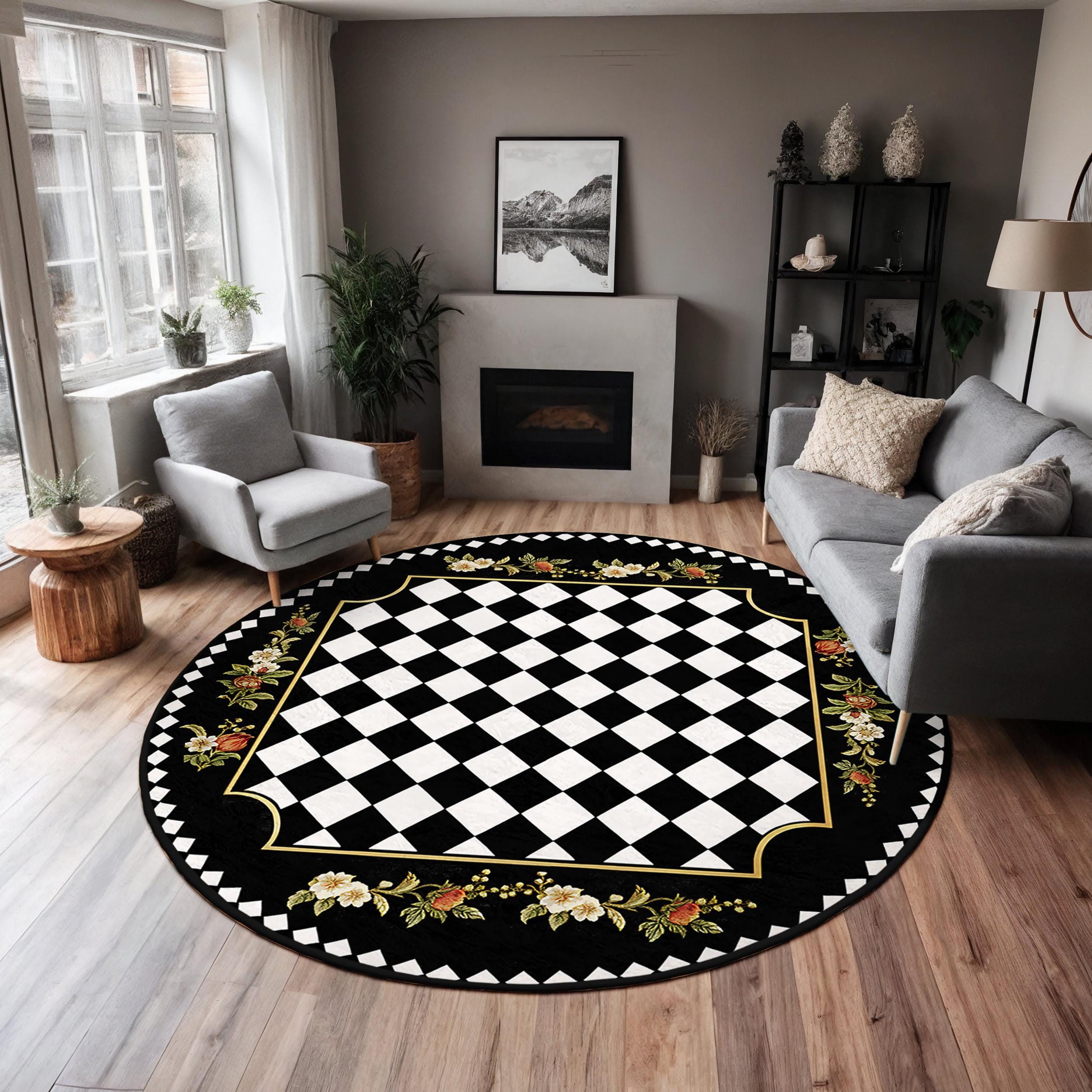 Floral Checkered Black Circle Carpet-black White Diamond Circle