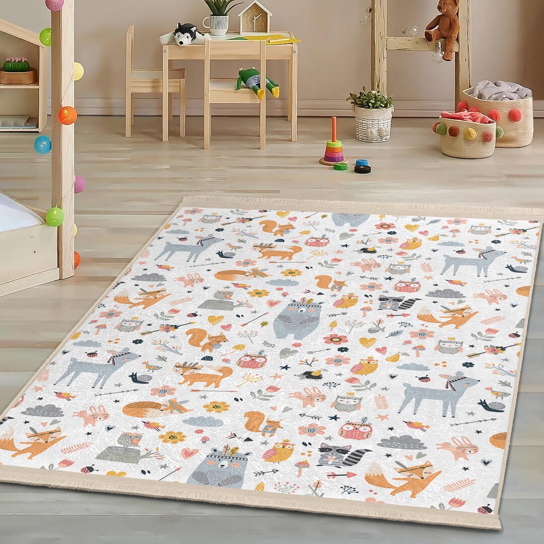 Woodland Animal Kids Room Rug-cute Forest Creatures Nursery Carpet ...
