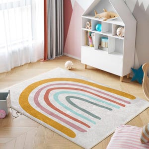 Rainbow Striped Design Kids Room Rug-Arched Colorful Rainbow Nursery Carpet-Playful Nursery Rug-Yellow Tone Playmat-Washable Child Room Rug