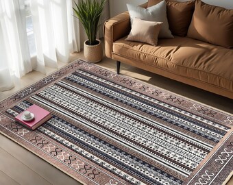 Nordic Striped Living Accent Rug-Tribal Motif Area Carpet-Earth Tone Anti Slip Rug-Boho Floor Mat-Brown Blue Home Runner-Vintage Look Rug