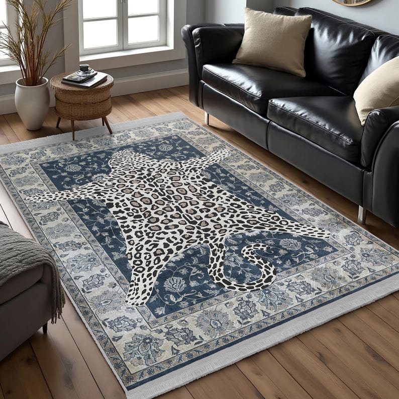 Leopard Design Area Rug-navy Floral Accent Carpet-animal Motif Square ...