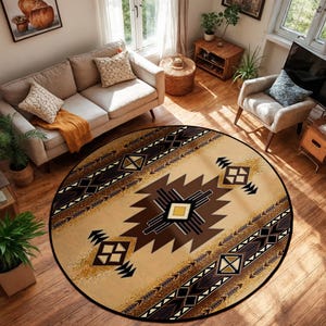 Sunburst Aztec Circle Carpet-Southwest Geometric Tribal Round Rug-Brown Beige Living Room Rug-Bohemian Trend Circle Mat-Antislip Oval Carpet