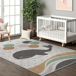 Whale Ocean Adventure Kids Room Rug-Dotted Grey Whale Nursery Carpet-Circle Shapes Baby Room Rug-Undersea Toddler Mat-Colorful Playmat