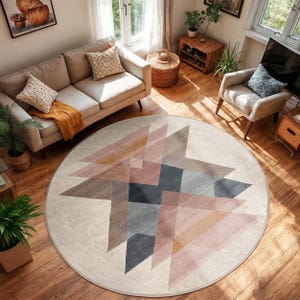 Geometric Beige Pastel Circle Carpet-Triangular Abstract Shapes Round Rug-Multicolor Living Room Rug-Washable Modern Decor-Oval Mat