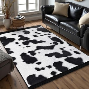 Cowhide Print Area Rug-Black White Spot Accent Mat-Cow Skin Non Slip Carpet-Animal Print Rug-Faux Fur Square Rug-Modern Living Room Carpet