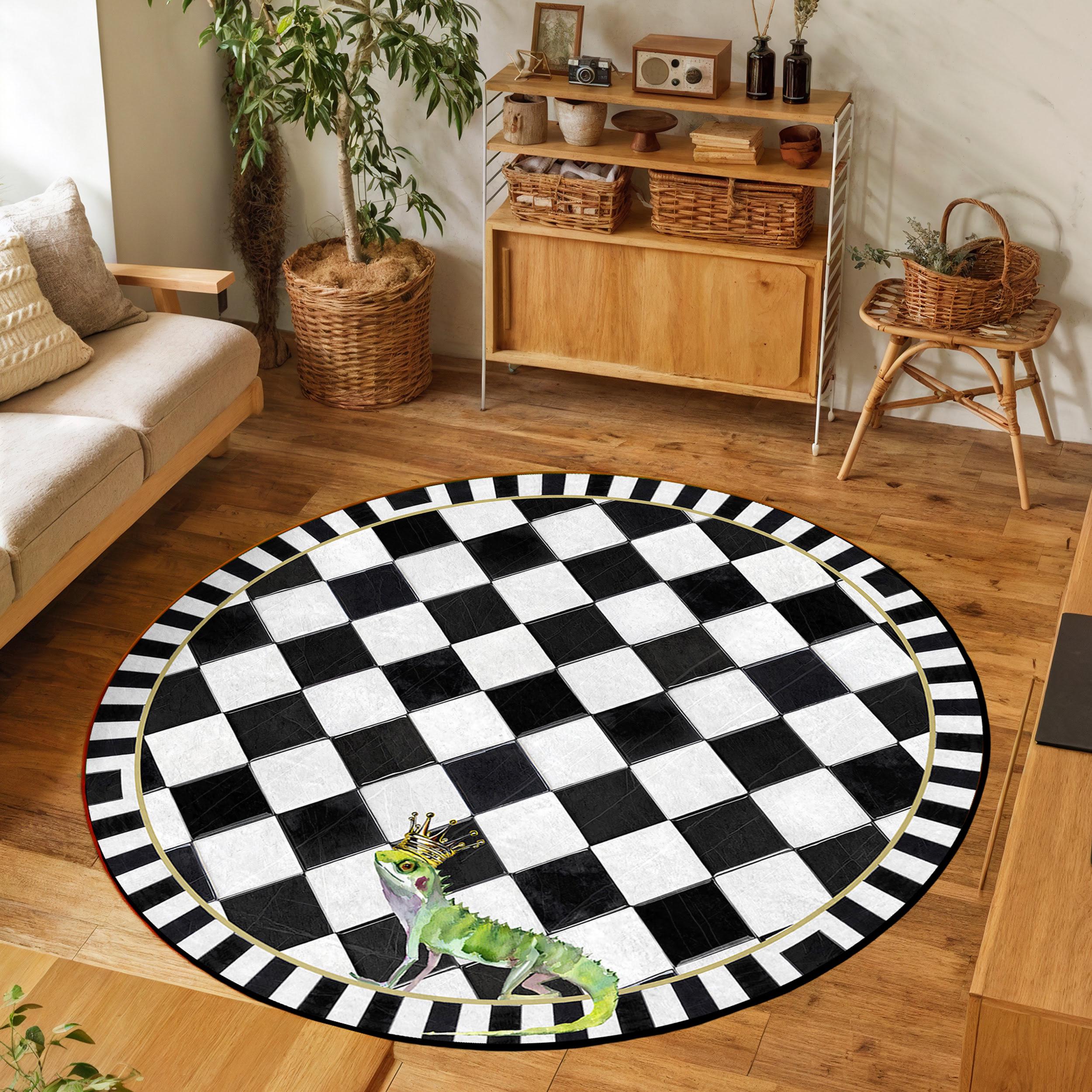 King Lizard Checkered Round Rug-crown Iguana Art Circle Carpet-black ...