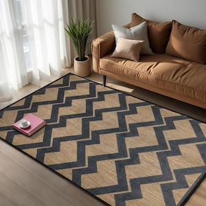 Chevron Tan Area Rug-Geometric Black Zigzag Accent Carpet-Bold Living Room Rug-Modern Anti-Slip Mat-Trendy Beige Floor Rug-Rectangle Runner