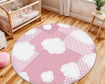 Pink Cloud Theme Kids Room Round Rug-plaid Star Heart Circle