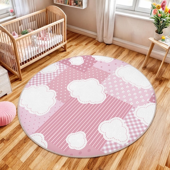 Pink Cloud Theme Kids Room Round Rug-plaid Star Heart Circle