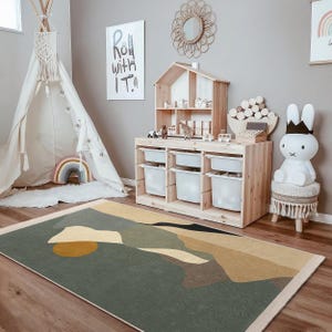 Earthy Abstract Shapes Kids Room Rug-Green Earth Color Blocks Nursery Carpet-Camouflage Inspired Child Room Rug-Washable Playmat