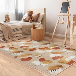 Abstract Earth Tone Kids Room Rug-Terracotta Shapes Nursery Carpet-Colorful Paint Splash Child Room Rug-Dotted Beige Playmat-Anti Slip Rug