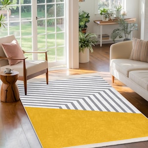 Striped Modern Accent Rug-Gray White Chevron Lines Mat-Bold Yellow Carpet Statement-Contemporary Floor Area Mat-Unique Geometric Runner