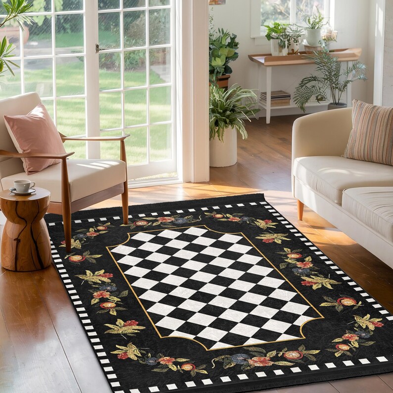 Black Checkered Floral Area Rug-gold Edged Chessboard Accent Mat ...