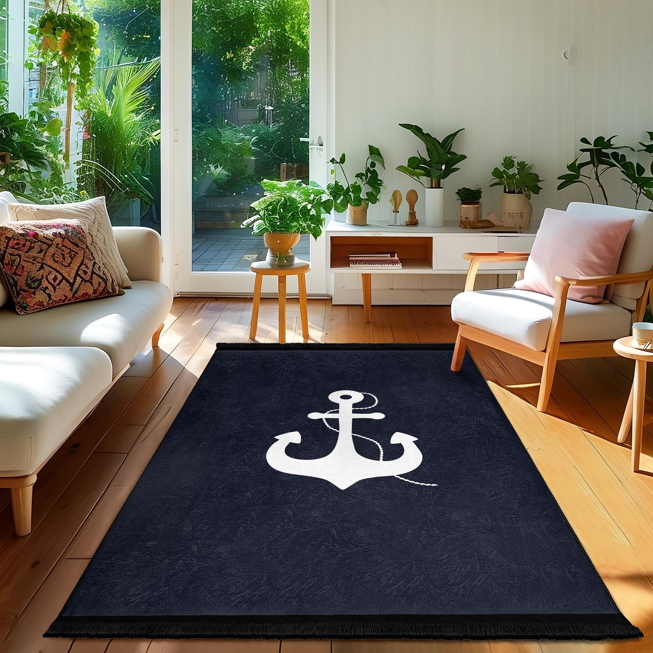 Nautical Anchor Navy Area Rug-white Anchor Nautical Mat-coastal Living ...