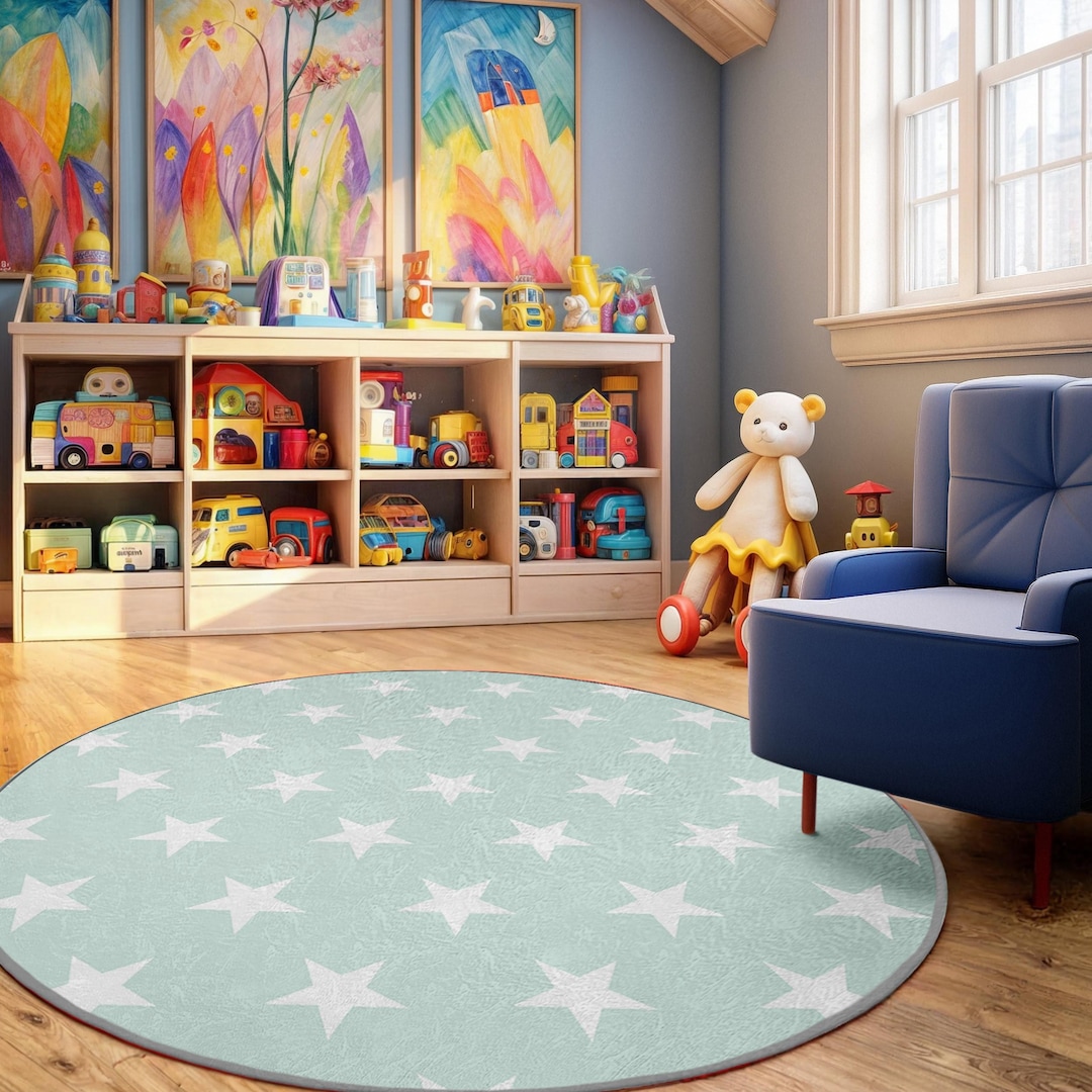 Starry Sky Kids Room Round Rug-white Stars Mint Background Circle ...