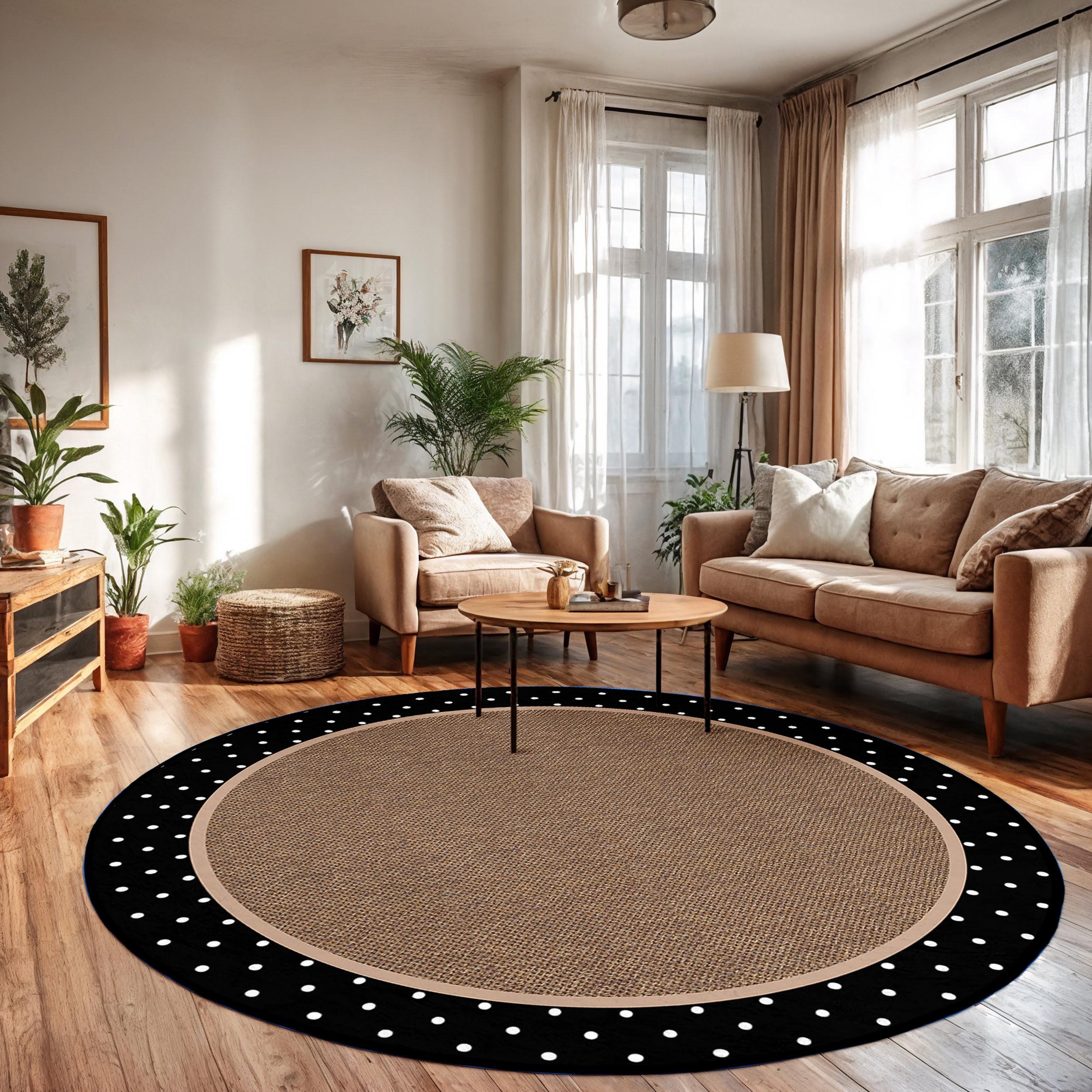 Polka Dot Border Kreis Teppich-Woven Textur Runder Teppich-Gepunkteter Rand Kreis Mat-Beige Center Oval Teppich-Modern Decor Round Rug