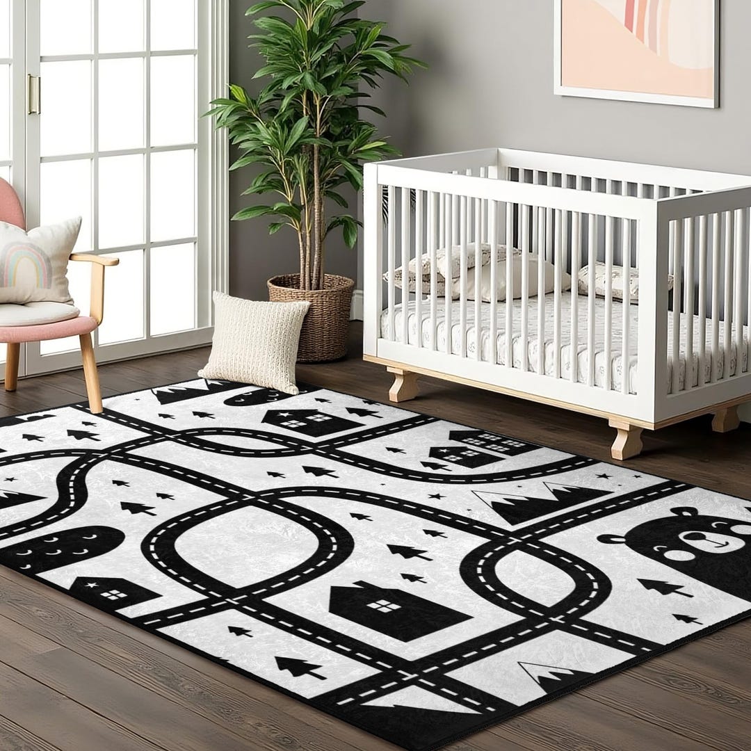 City Roads Adventure Kids Room Rug-black and White Road Playmat-car ...