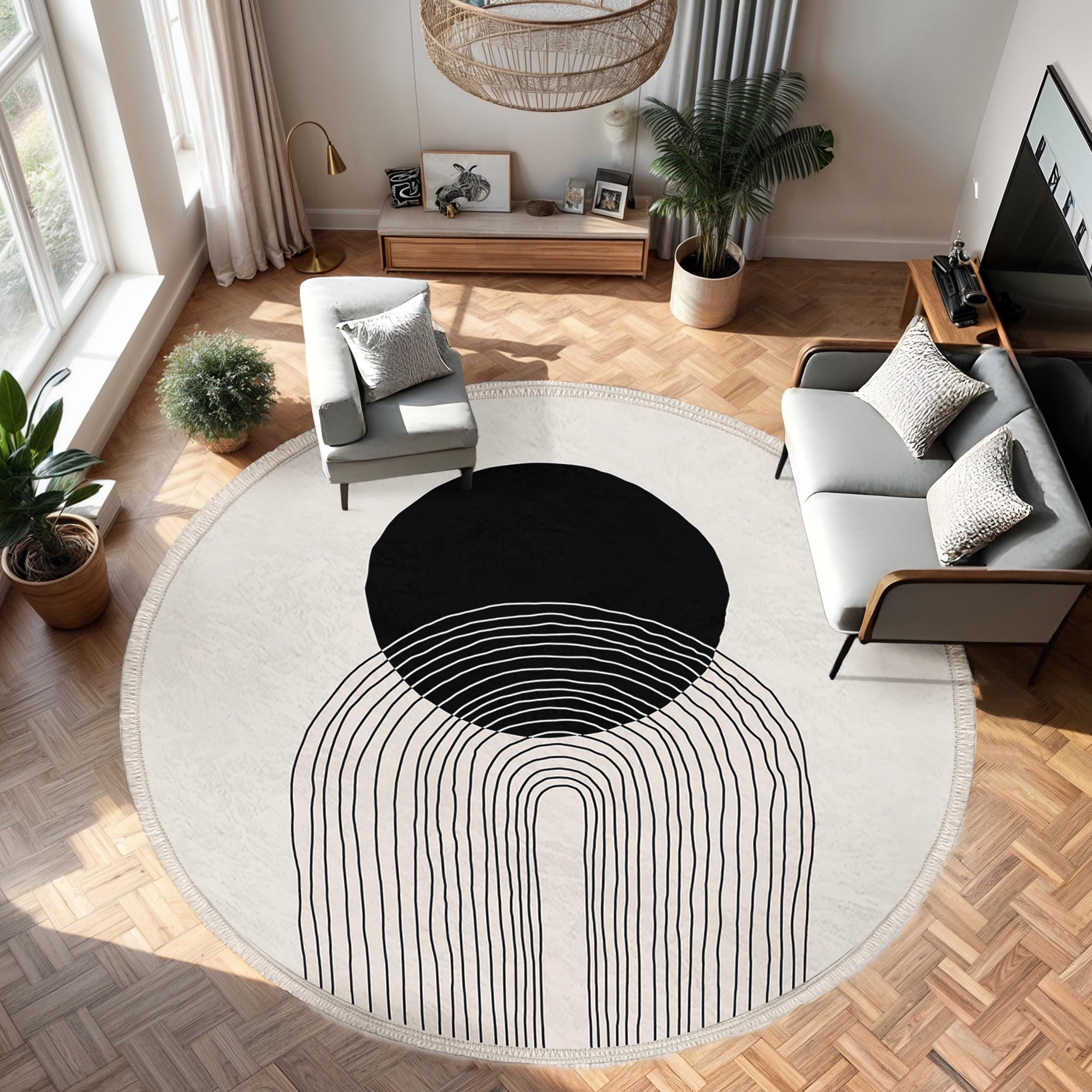Arched Minimalist Round Rug-black White Line Circle Carpet-contemporary ...