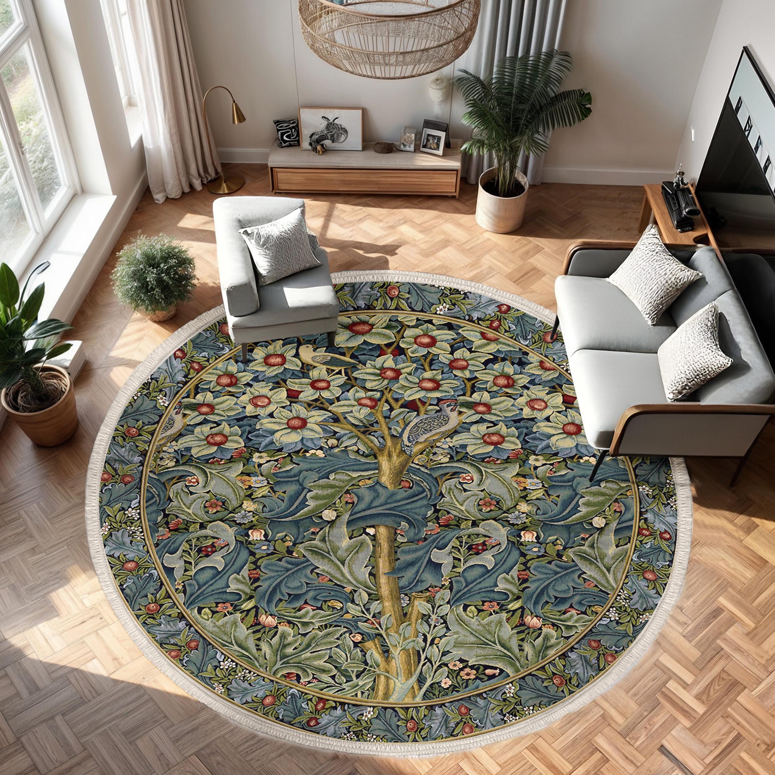 Morris Style Round Rug-floral Nature Art Circle Carpet-tree of Life ...