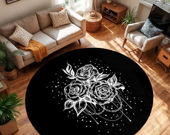 Black Floral Art Round Rug-rose Pattern Circle Carpet-white Flower