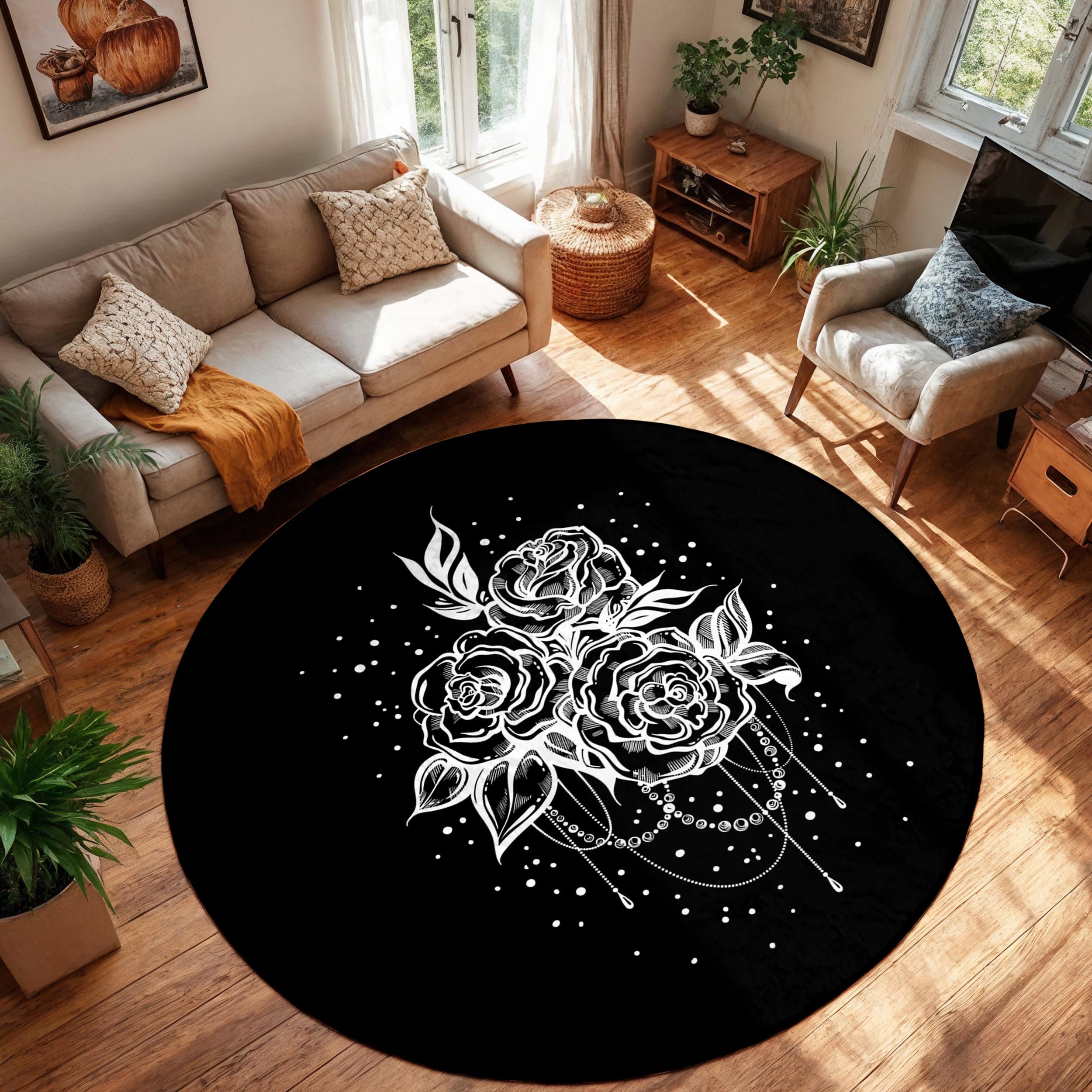 Black Floral Art Round Rug-rose Pattern Circle Carpet-white Flower