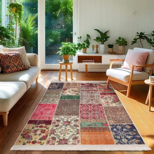 Patchwork Multicolor Area Rug-Floral Geometric Accent Rug-Bohemian Anti Slip Carpet-Eclectic Floor Mat-Vintage Living Room Rug-Boho Runner