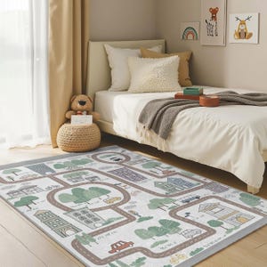 City Street Map Kids Room Rug-Vintage Road Car Track Nursery Carpet-Colorful Playmat Adventure-Child Room Rug Fun-Vehicles Baby Room Rug