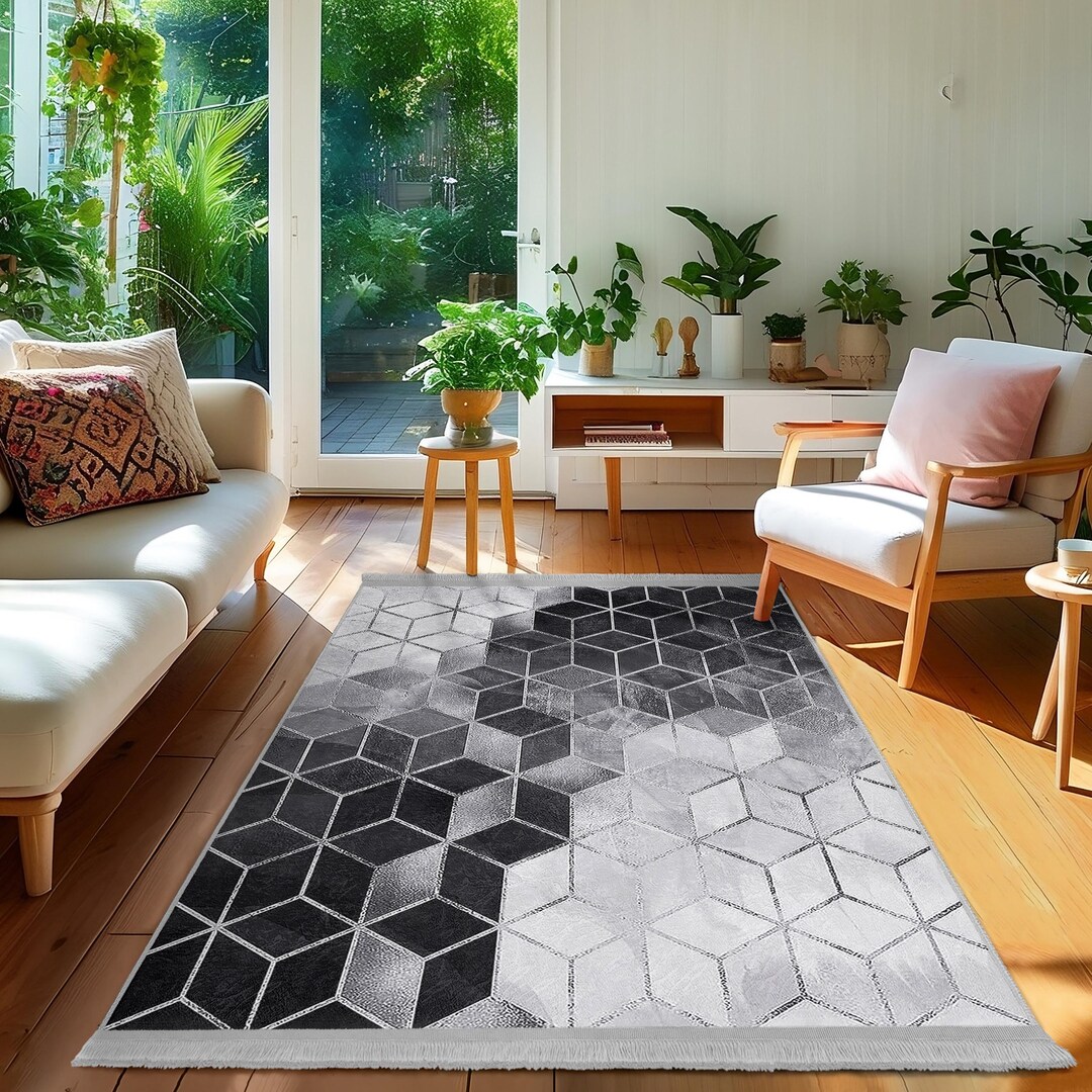 Hexagonal Pattern Rug Hexagonal Ombre Area Rug-geometric Cube Pattern Mat-monochrome Living ...