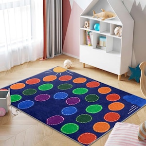 Colorful Dot Patch Kids Room Rug-Circle Pattern Nursery Carpet-Vibrant Blue Playmat-Bright Spot Child Room Rug-Color Pop Anti-Slip Rug