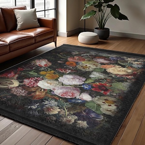 Dark Floral Area Rug-Vintage Botanical Accent-Carpet Artful Flower Harmony-Romantic Night Runner-Machine Washable Mat