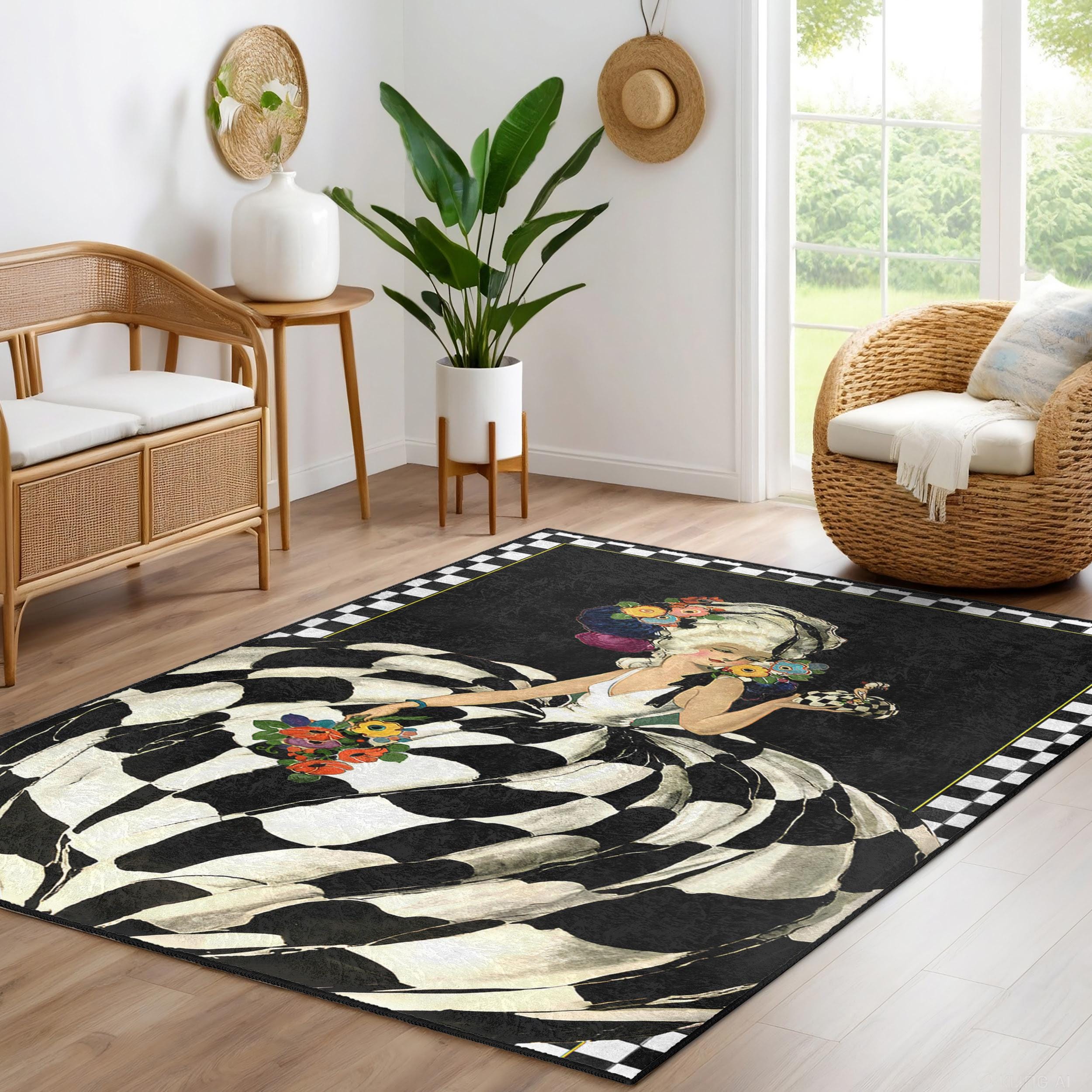 Baroque Lady Design Area Rug-black Checker Flower Mat-vintage Gown ...