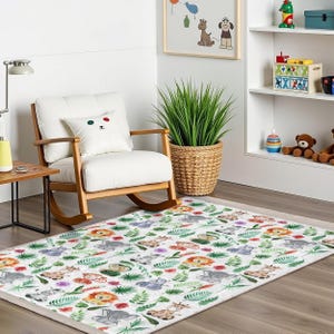 Jungle Safari Animals Kids Room Rug-Vibrant Jungle Animal Print Nursery Carpet-Adventure Nursery Rug-Tropical Playmat-Colorful Kid Room Rug