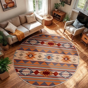 Geometric Tribal Circle Carpet-Southwestern Stripes Pattern Rug-Boho Chic Round Rug-Terracotta Living Room Rug-Earthy Tone Circle Mat