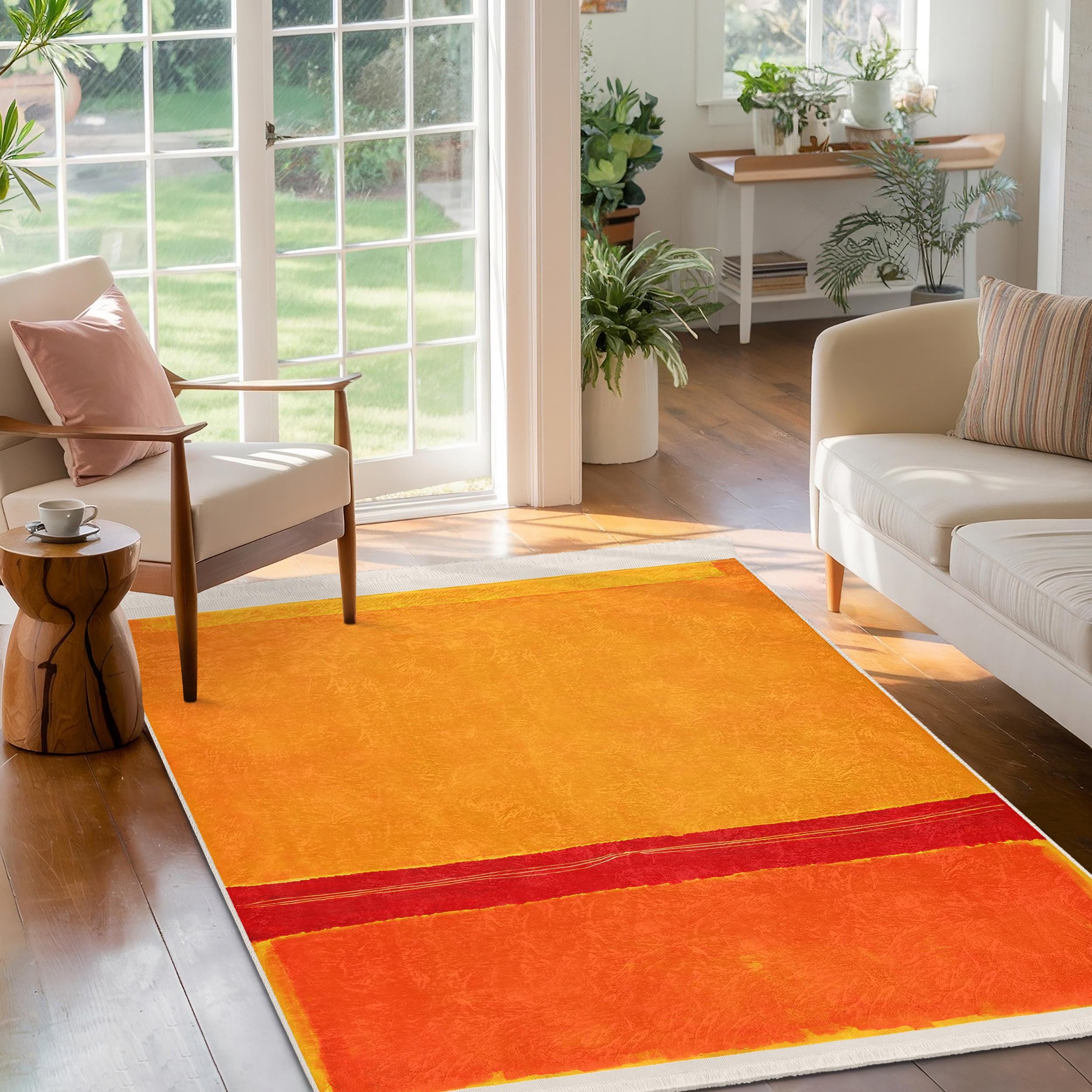 Bright Colorblock Rug Golden Hued Abstract Area Rug-red Banded Geometric Accent Carpet-autumn ...