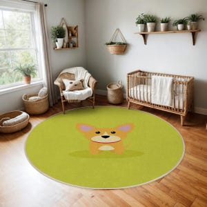 Playful Dog Green Kids Room Round Rug-Cartoon Dog Centered Circle Carpet-Bright Nursery Oval Mat-Cute Puppy Playroom Mat-Non-slip Circle Mat