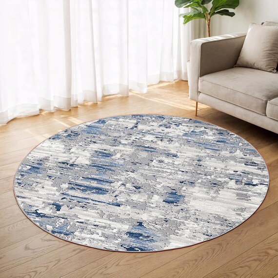 Abstract Gray Blue Circle Carpet-distressed Brush Stroke Round Rug