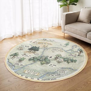 100 Acre Wood Map-Forest Circle Carpet-Winnie Themed Rug-Pastel Trees Circle Mat-Playful Winnie Round Rug-Best Gift For Kids