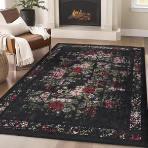 Black Floral Vintage Area Rug - Intricate Floral Pattern Carpet - Rose Living Room Mat - Elegance Square Rug - Dark Botanical Area Mat