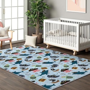 Pirate Adventure Kids Room Rug-Shark Treasure Ocean Nursery Carpet-Creative Sailor Map Playmat-Blue Marine Baby Room Rug-Toodler Mat