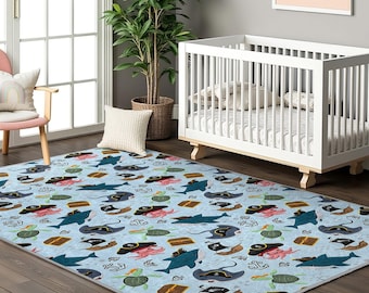 Pirate Adventure Kids Room Rug-Shark Treasure Ocean Nursery Carpet-Creative Sailor Map Playmat-Blue Marine Baby Room Rug-Toodler Mat