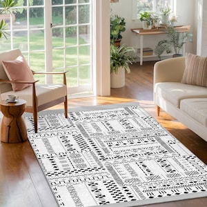 Black Geometric Block Area Rug-Tribal Checkerboard Accent Rug-Boho Chic AntiSlip Mat-Modern Black White Throw Rug-Nordic Washable Area Mat