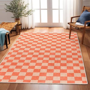 Orange Checkered Area Rug-beige Square Design Mat-orange Non Slip ...