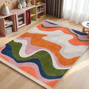 Wave Design Orange Nursery Carpet-Colorful Swirling Abstract Rug-Playful Nursery Rug-Earth Tone Toddler Mat-Washable Anti-Slip Kids Room Rug