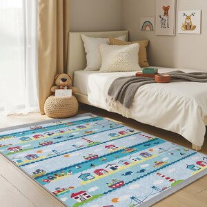 Harbor Adventure Kids Room Rug-Marine Village Nursery Carpet-Colorful Boats Infant Playmat-Seaside Bridge Child Room Rug-Anti Slip Baby Mat