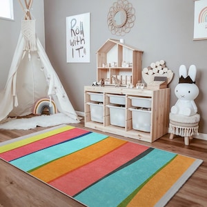Rainbow Striped Kids Room Rug-Bold Colorful Stripes Nursery Carpet-Vibrant Playmat for Toddlers-Multicolor Baby Room Rug-Anti-Slip Child Mat