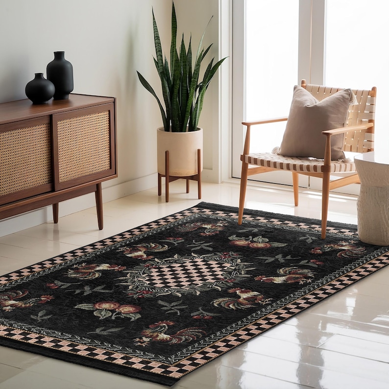 Checkered Rooster Area Rug-black Fruit Border Mat-floral Accent Carpet ...