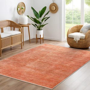 Puede incluir: Una alfombra rectangular grande con un aspecto desgastado y texturizado. La alfombra es principalmente de color coral cálido con acentos más claros, de color crema. Está colocada sobre un suelo de madera en una habitación bien iluminada.