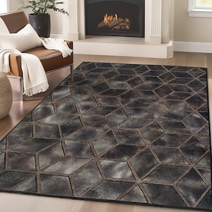 Hexagonal Cubic Design Area Rug-Brown Geometric Shapes Carpet-Dark Tone Anti Slip Mat-Modern Floor Square Rug-Throw Rug-Marble Accent Carpet