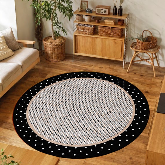 ラグ・カーペット Kyne Stamp Circle Rug by ROOM Black Polka Dot Edge Circle Carpet|tiny Pattern Living Room Rug|black